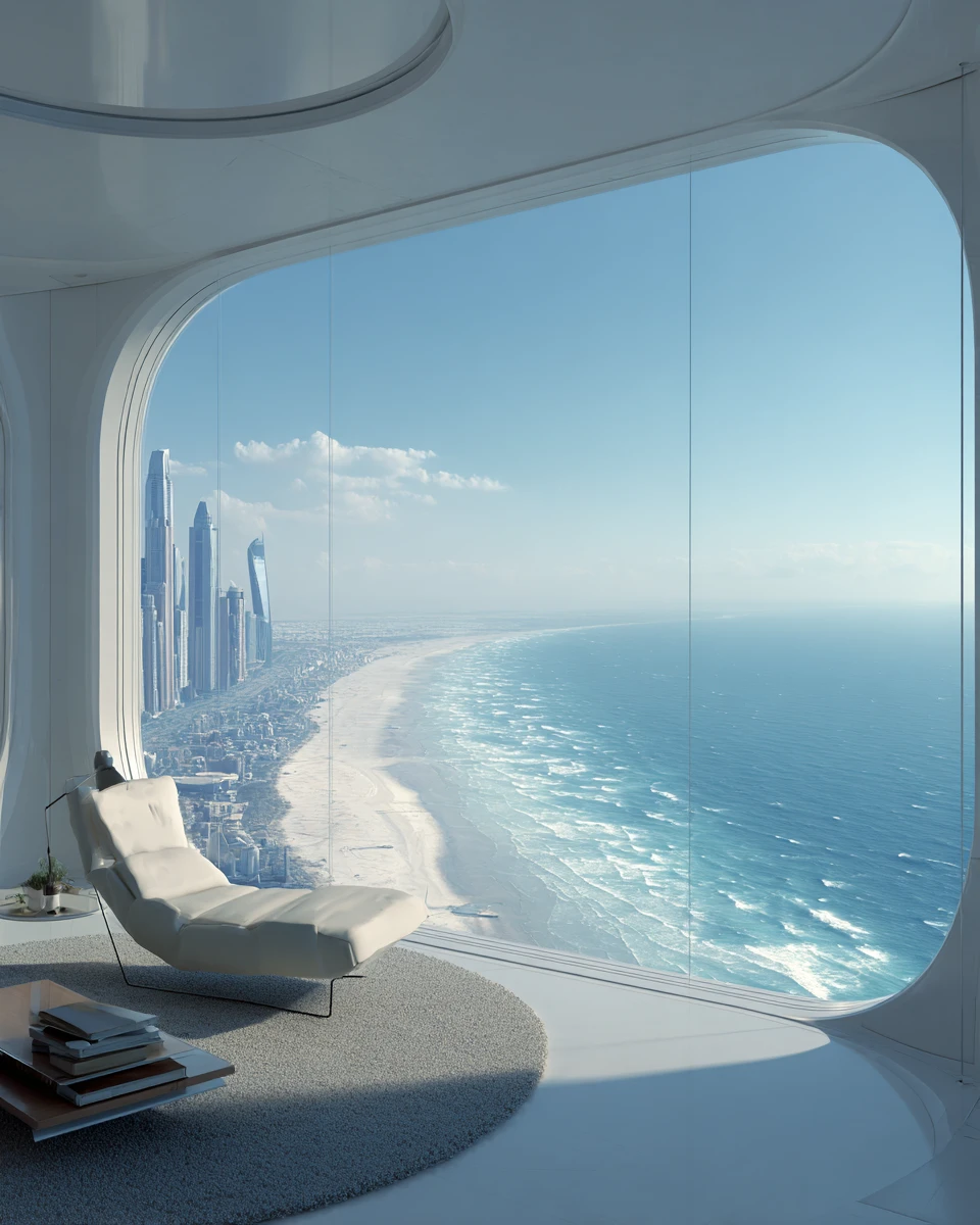 Futuristic living room with ocean and city skyline view
