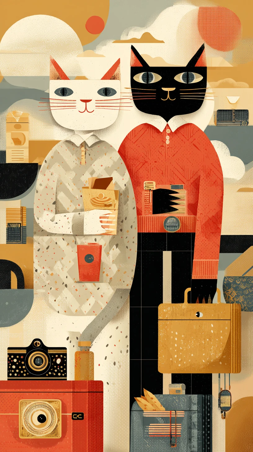 Pareja de gatos antropomórficos en una aventura de viaje chic