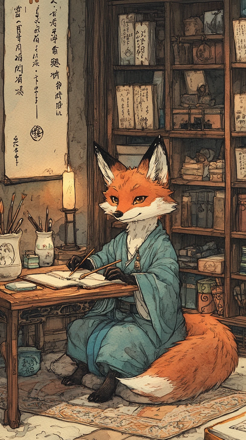 Zorro erudito antropomórfico escribiendo en un estudio iluminado por velas