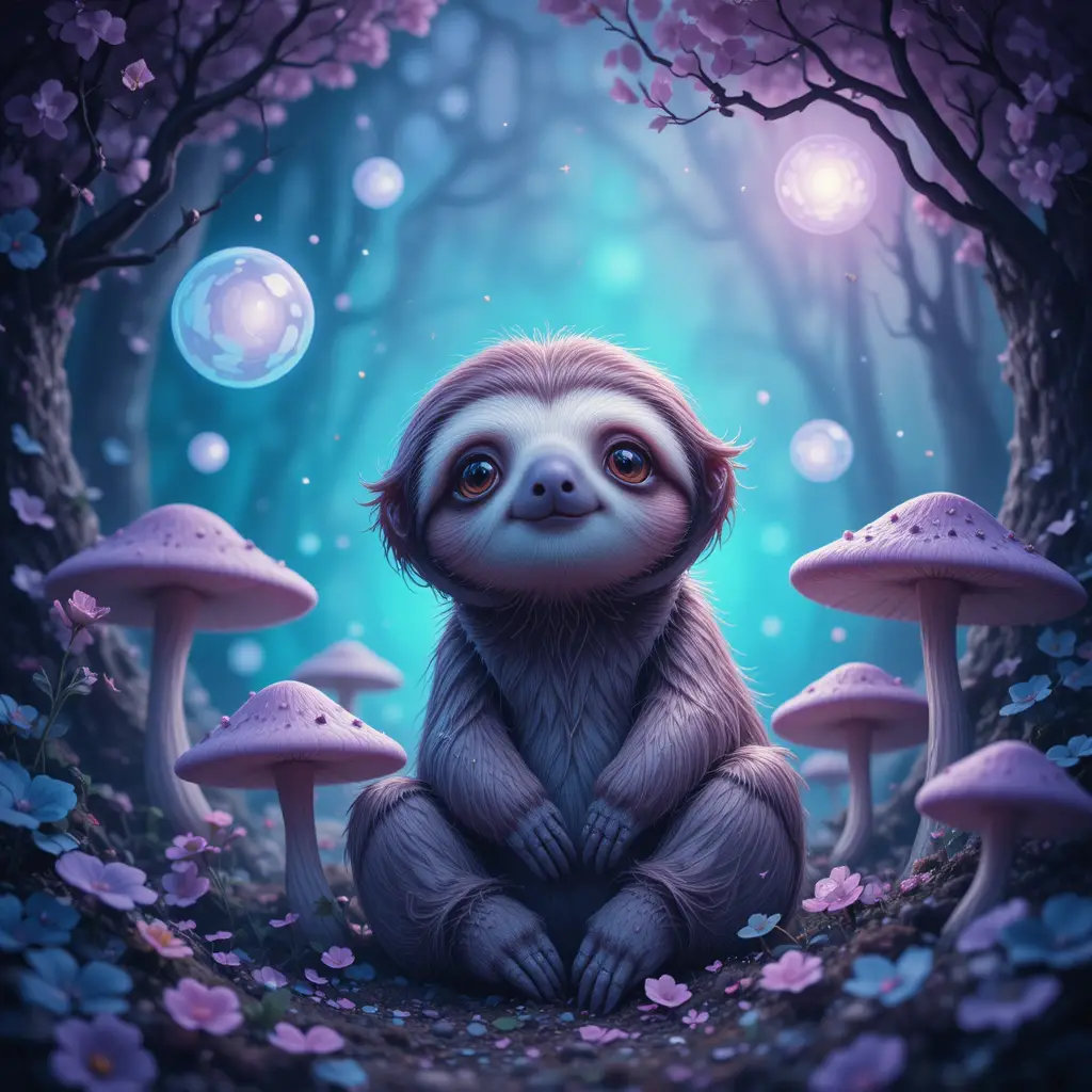 Whimsical sloth in a dreamy bokeh mushroom forest