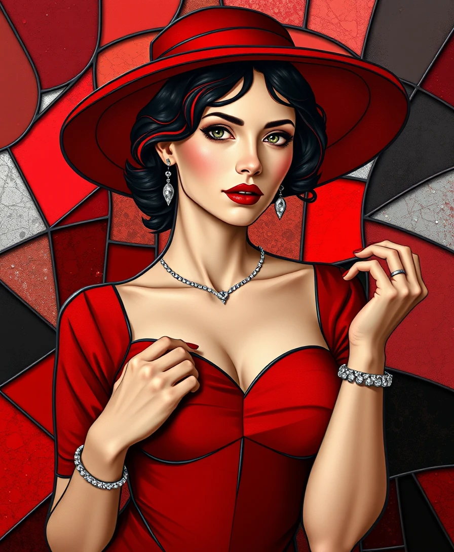 Stained glass style portrait of a woman in a red outfit