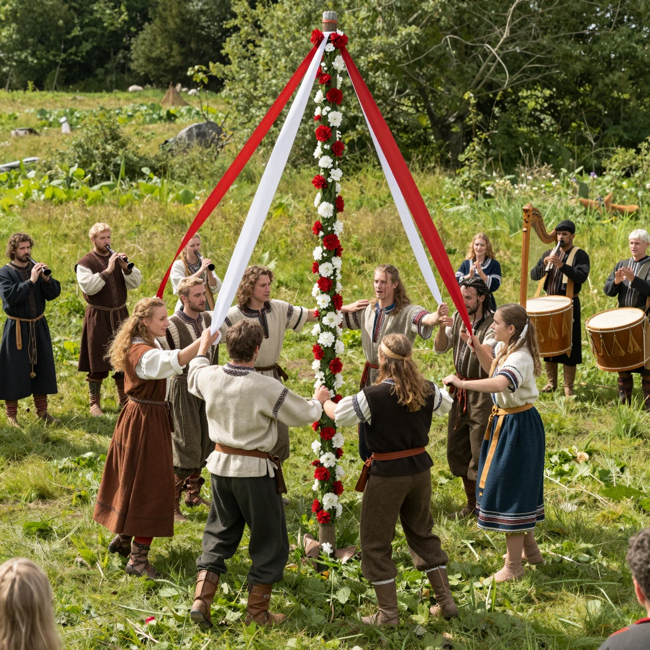 Young dancers celebrating around a floral maypole