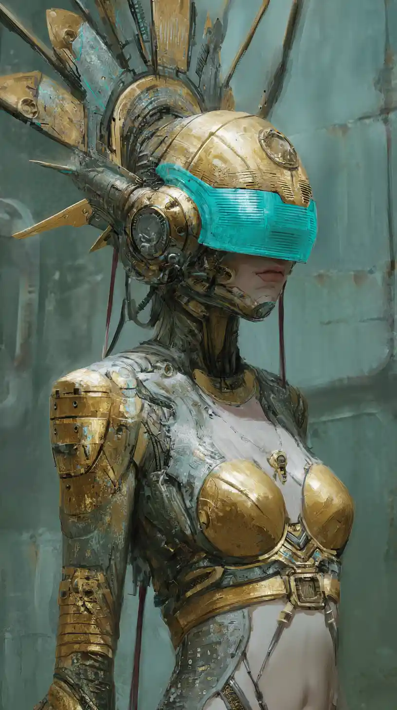 Futuristische Frau in goldener Rüstung mit leuchtendem türkisfarbenem Visier
