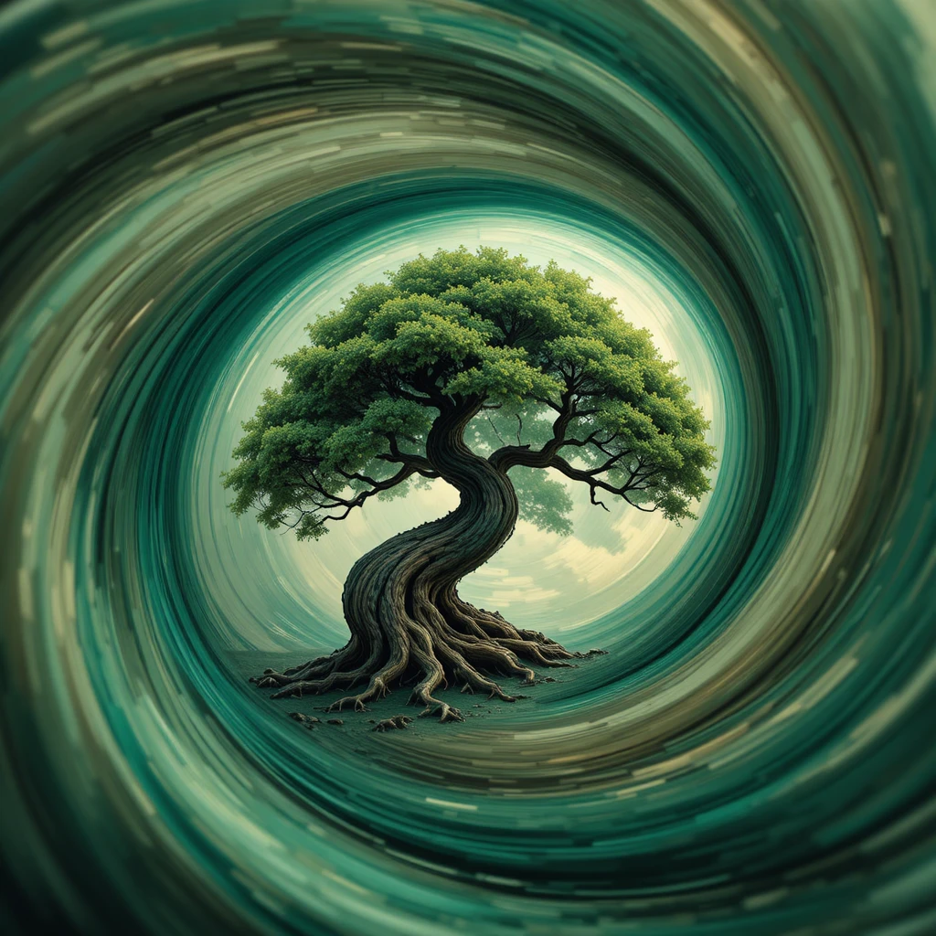 Spiraling oak tree within a swirling colorful vortex