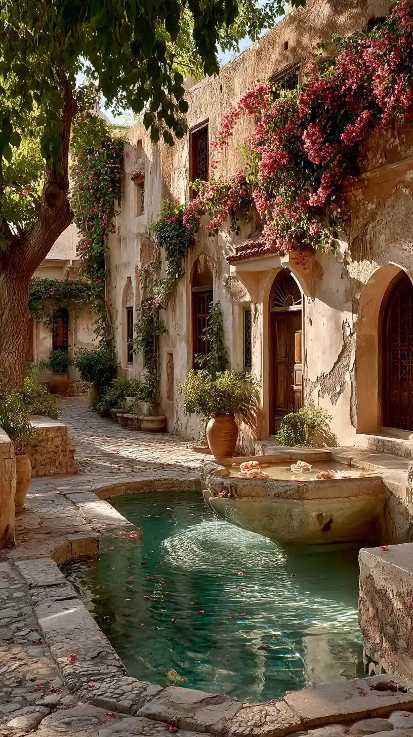 Algerian women resting in a sunlit Moorish courtyard garden