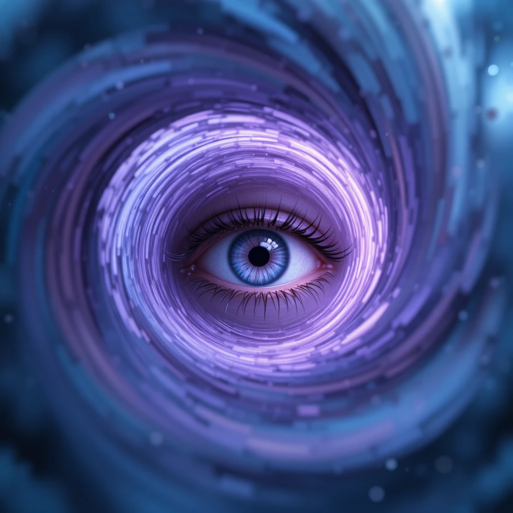 Surreal human eye in a spiraling vortex of color