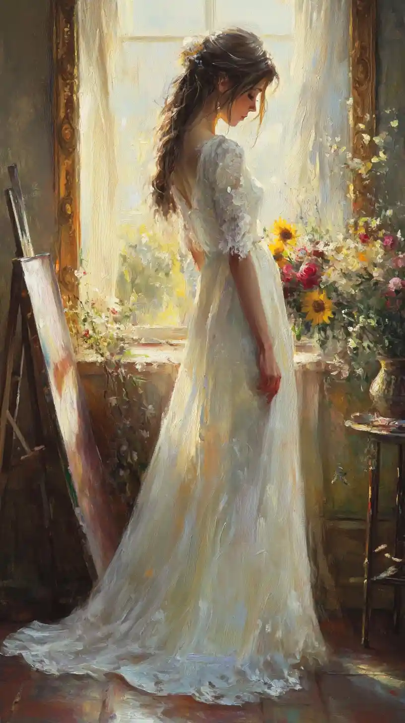 Ethereal woman stepping from an oil painting in warm light