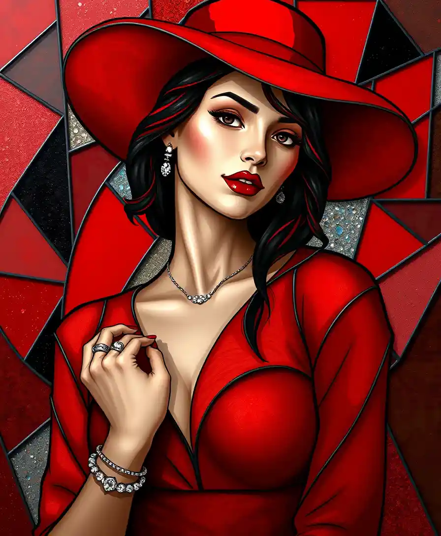 Ritratto in stile vetrata di una dama in rosso