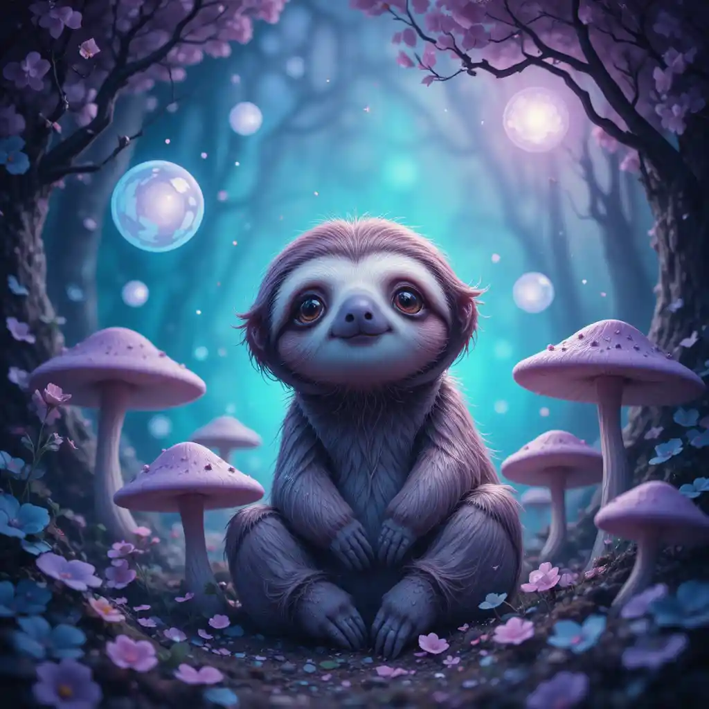 Whimsical sloth in a dreamy bokeh mushroom forest