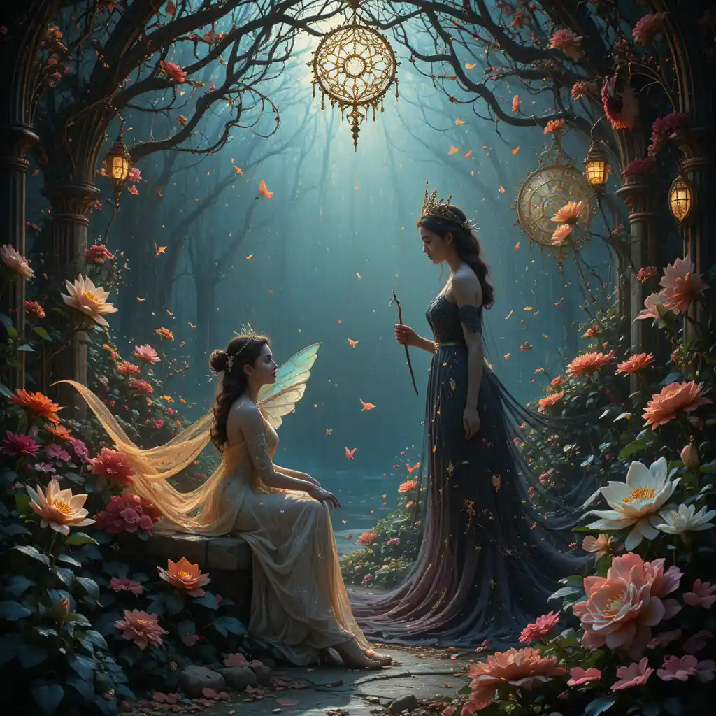 Mystical art nouveau fantasy scene with glowing backlight