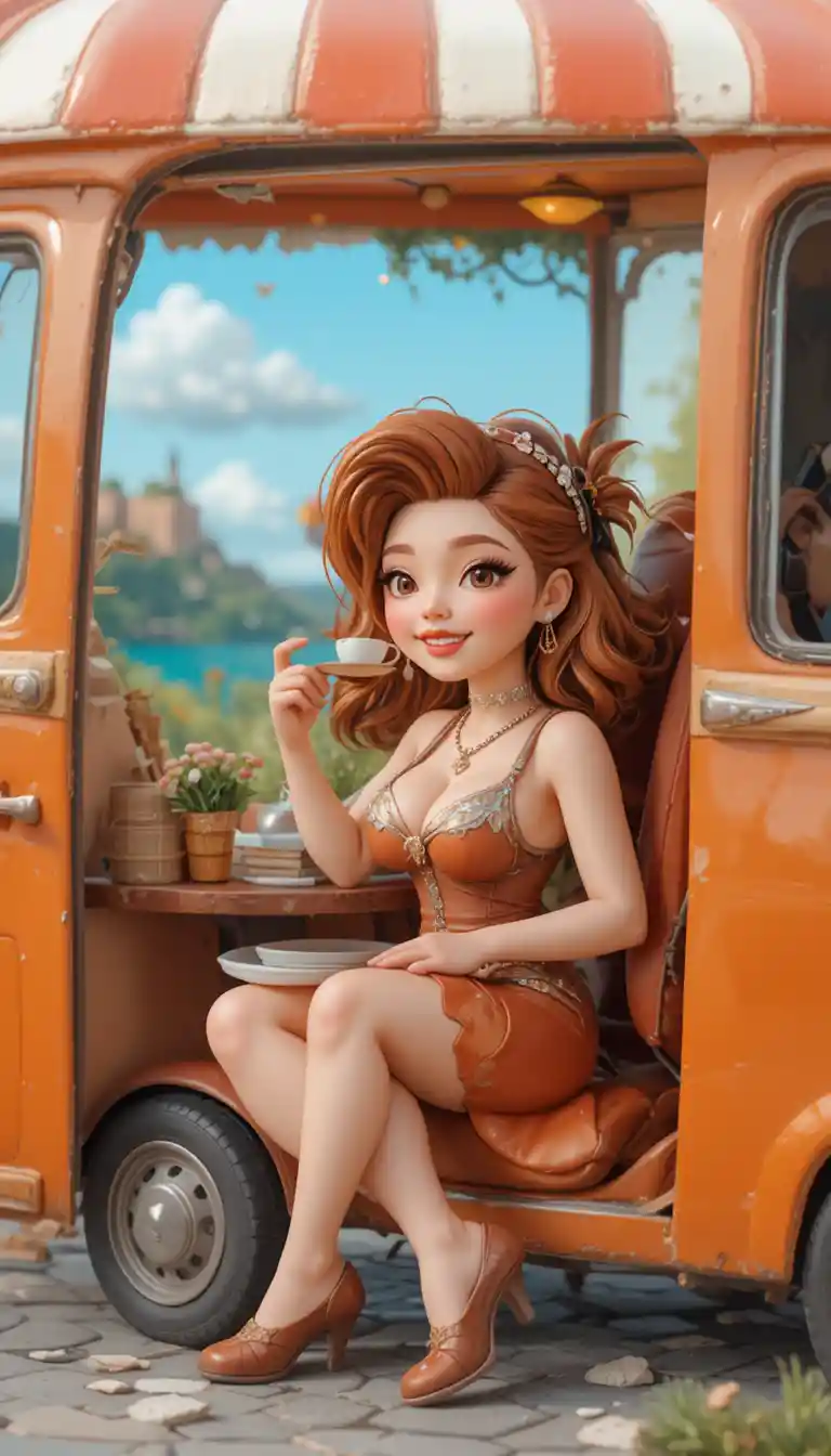 Curvy redhead woman with orange van bar tabac stand