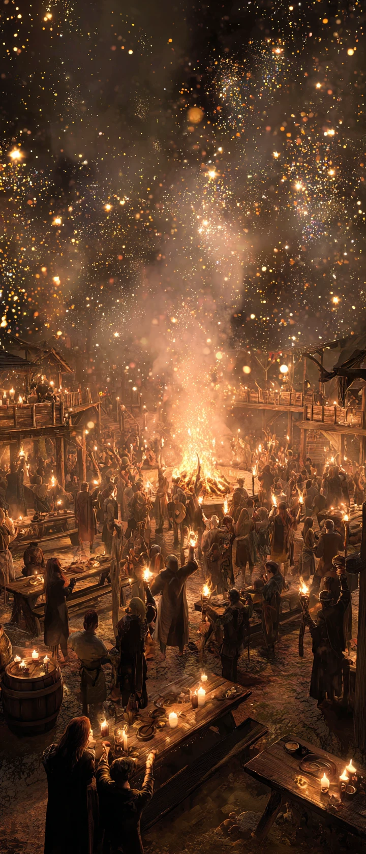 Guerreros medievales celebrando en un animado festival nocturno de hidromiel