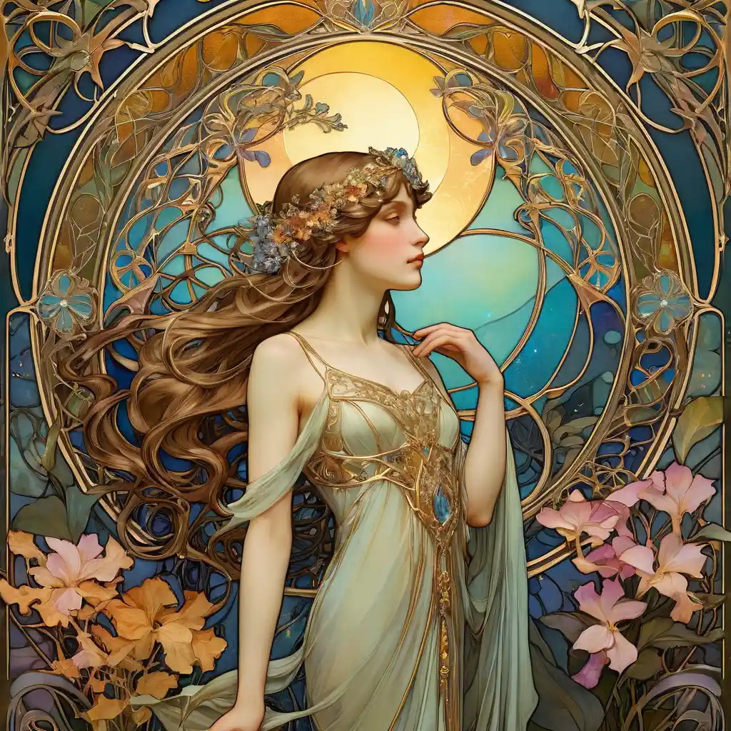 Mystical fantasy scene with art nouveau gold filigree glow