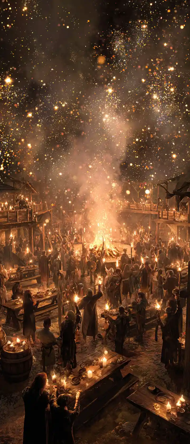 Medieval warriors celebrating at a lively night mead festival