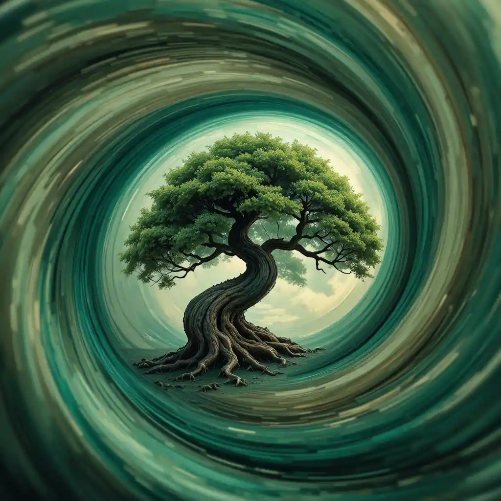 Spiraling oak tree within a swirling colorful vortex
