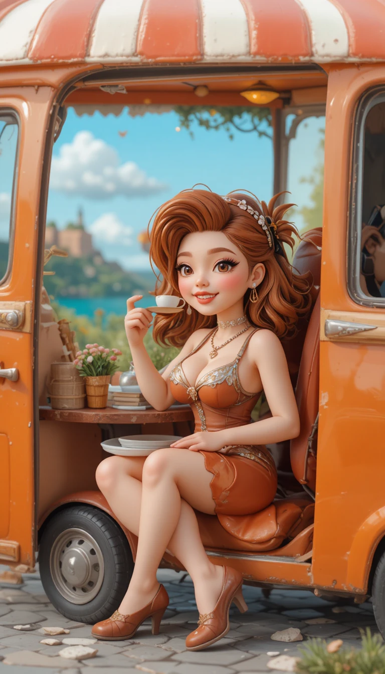 Curvy redhead woman with orange van bar tabac stand