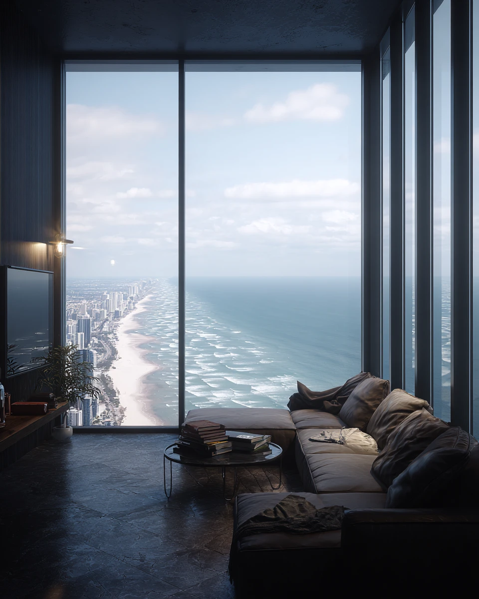 Modern living room with panoramic ocean and city view