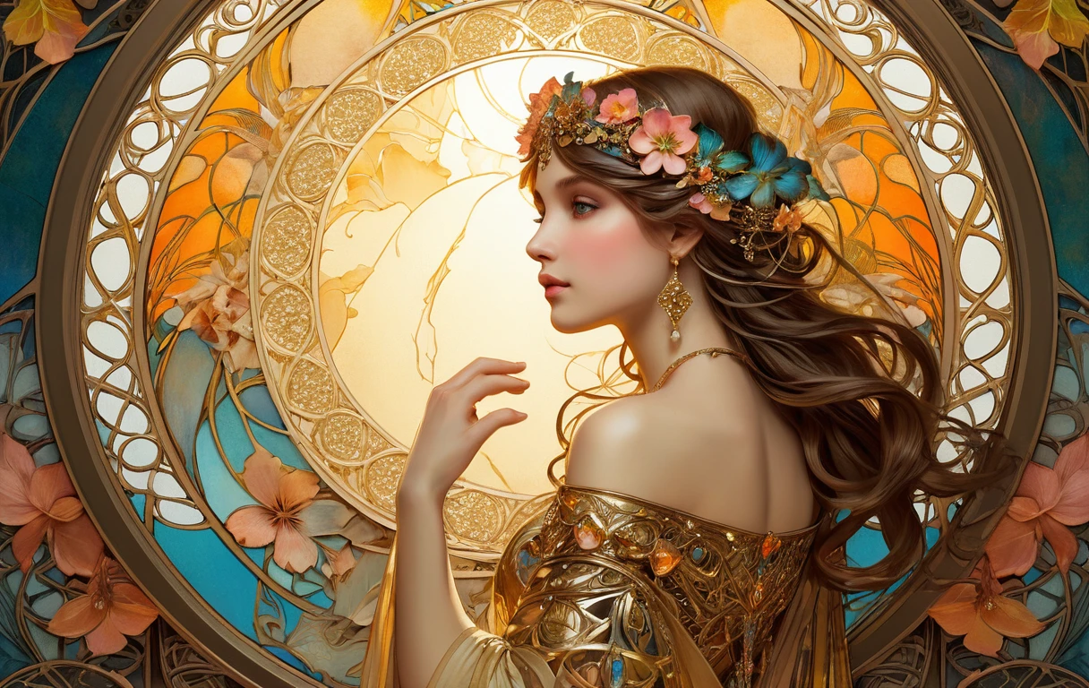 Enchanting fantasy illustration with bright colors and gold accents