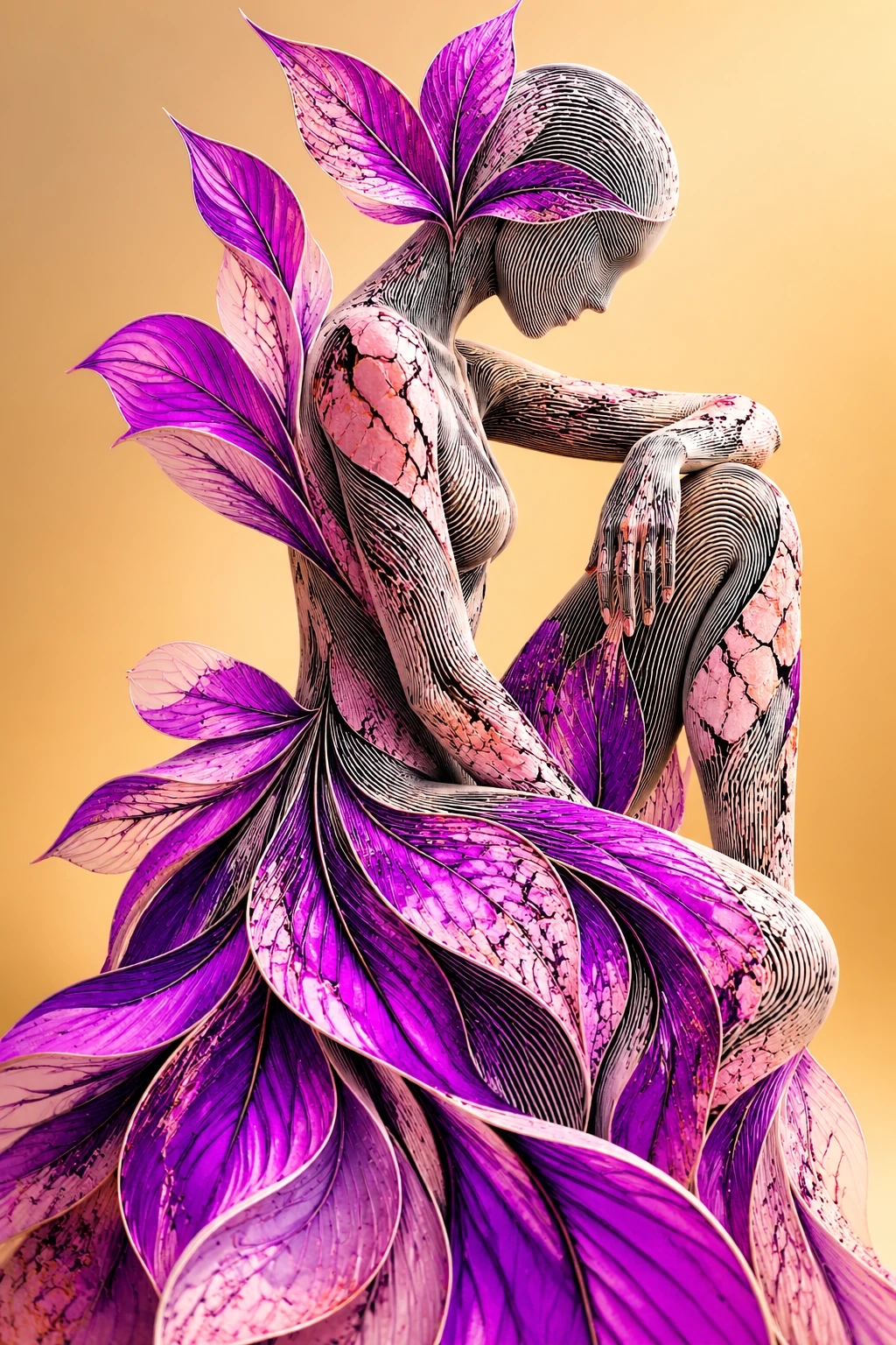 Abstract humanoid sculpture figure in flowing purple forms