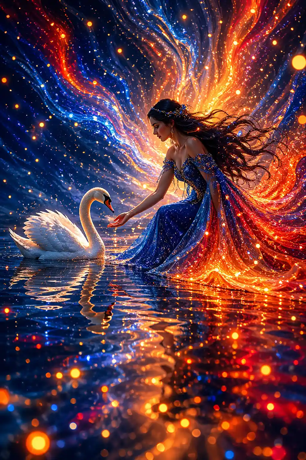 Fantasy woman with swan in glowing cosmic water scene