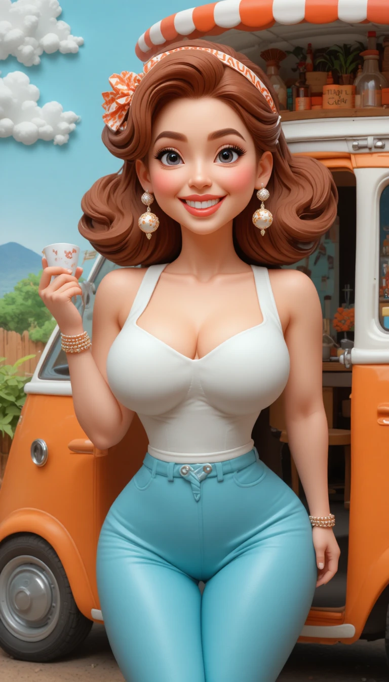 Cheerful curvy woman with orange van clay illustration