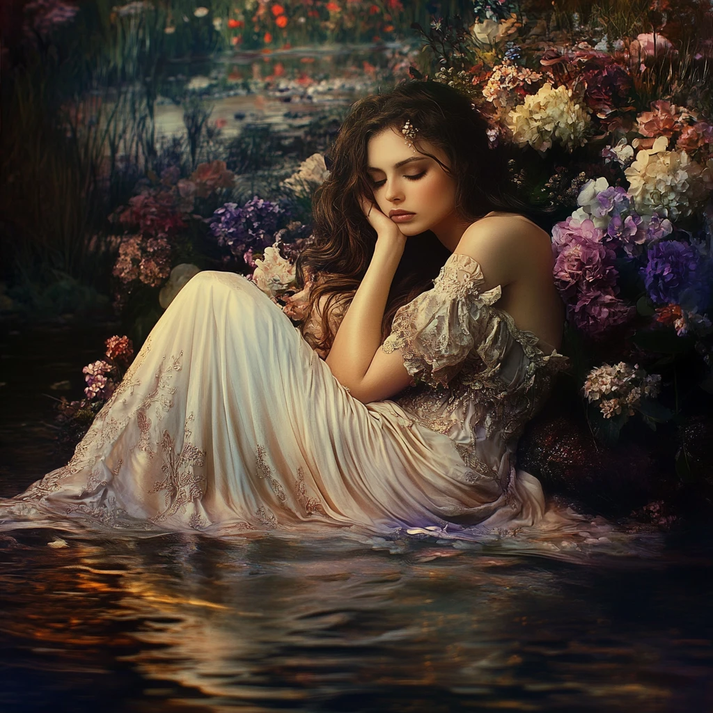 Ethereal woman resting by a glowing lake at dusk