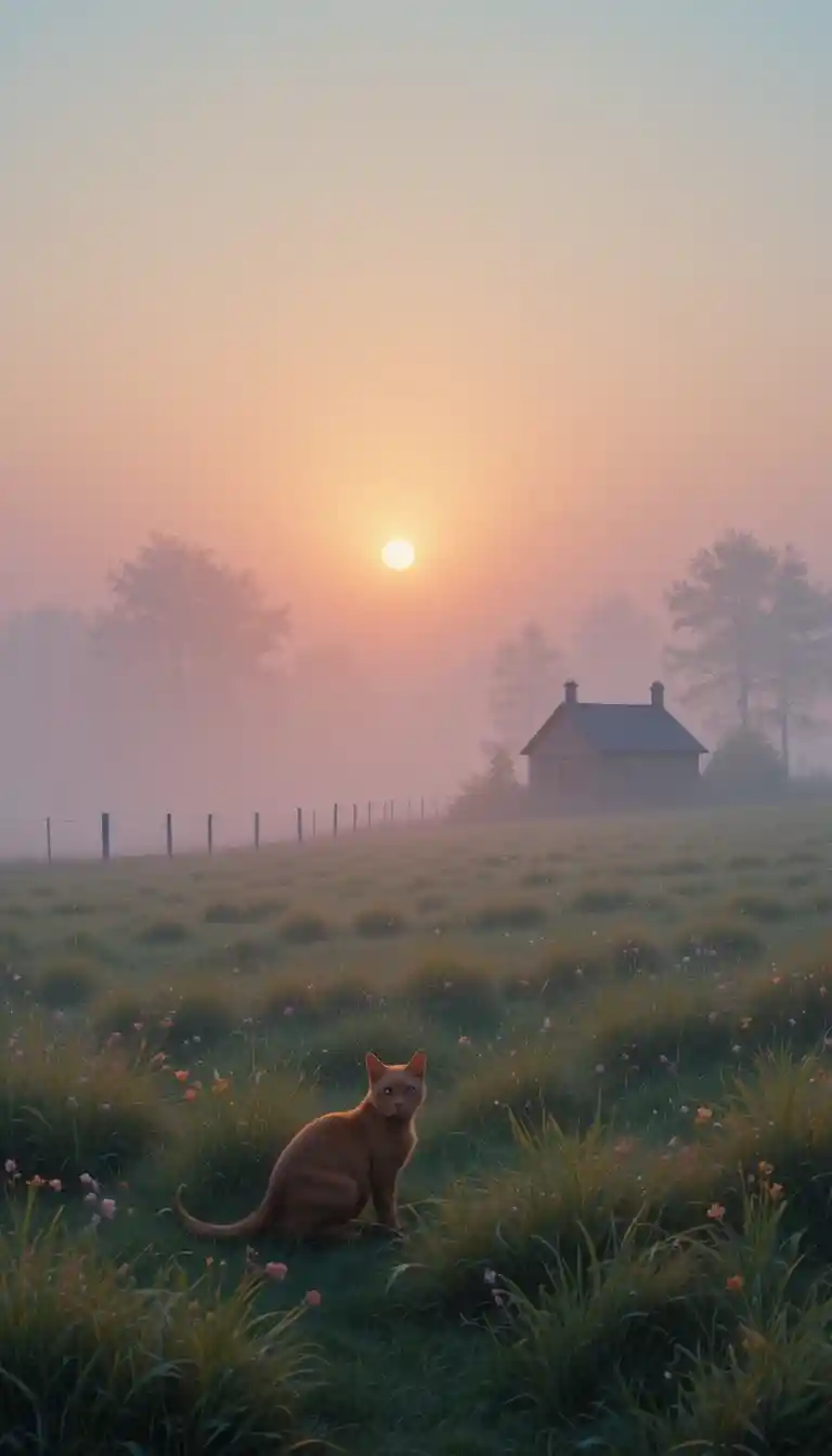 Reddish brown cat in misty pastel sunrise field