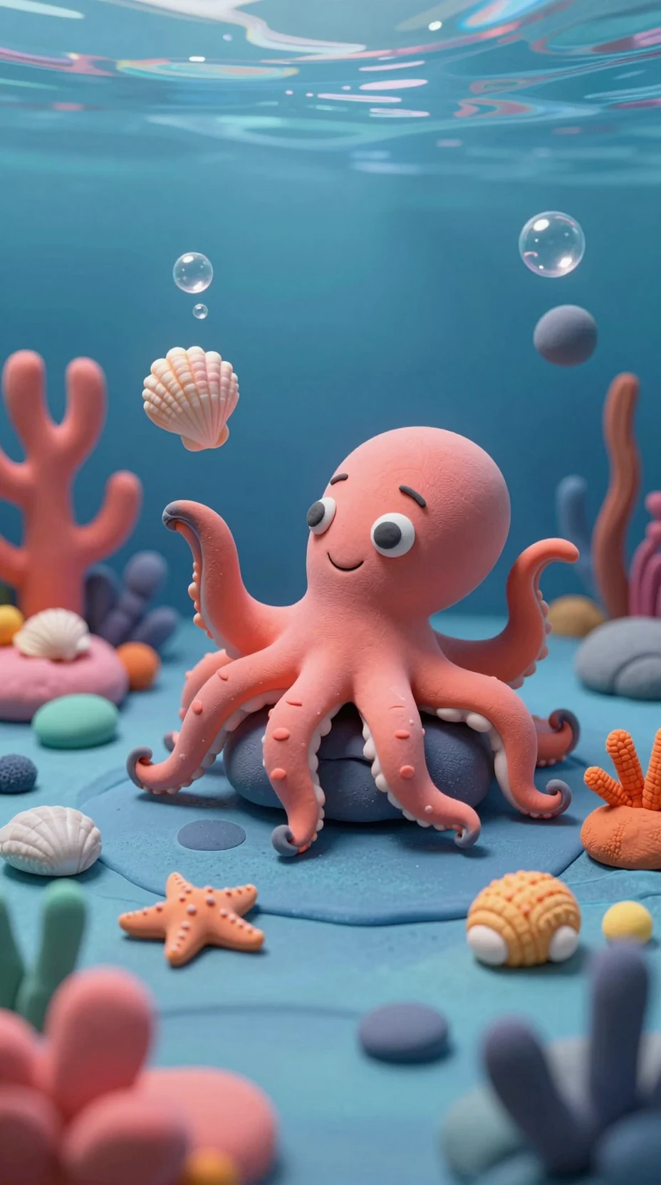 Pulpo de arcilla haciendo malabares con conchas en un mundo submarino lleno de juego