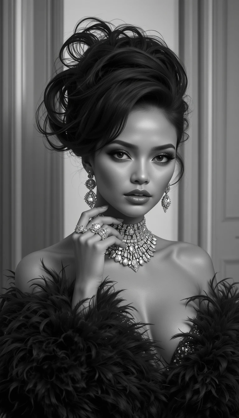 Elegant woman in black feather stole and diamond jewelry