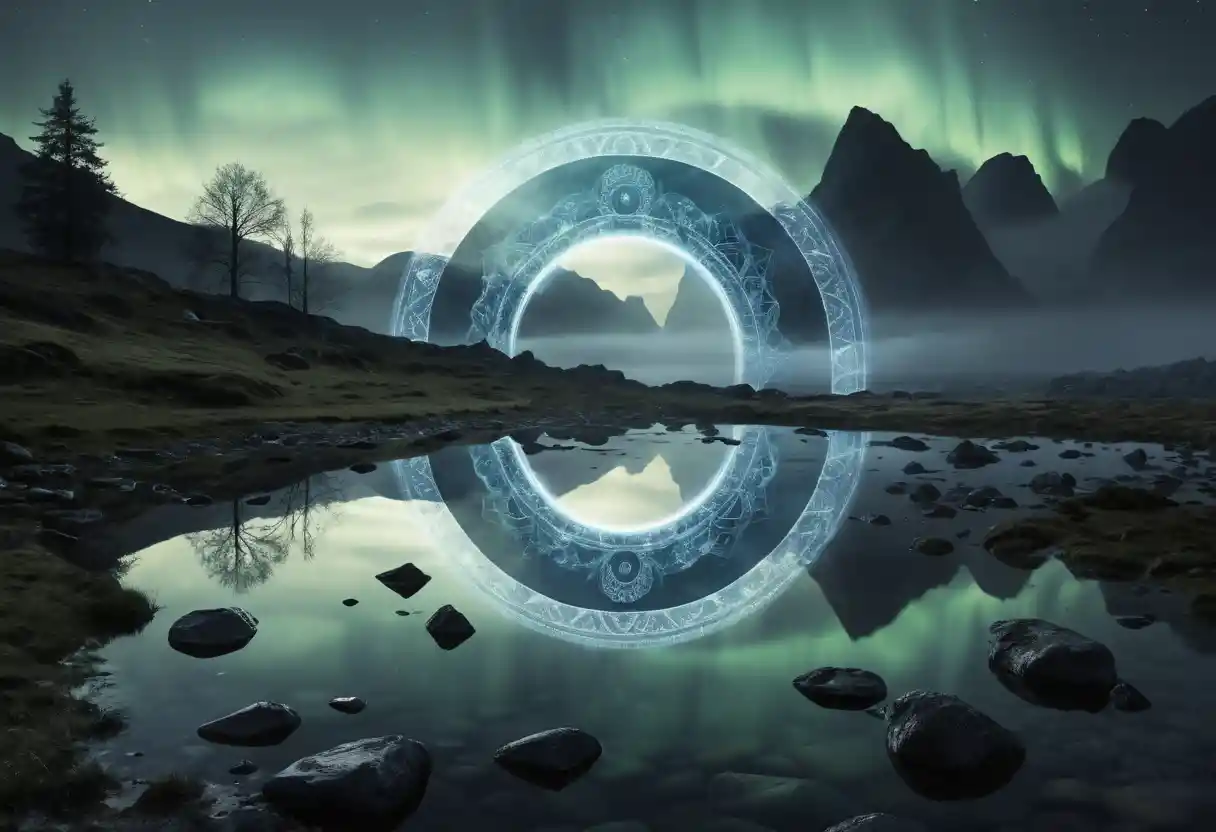 Surreal nordic vision with shadow god and glowing horse