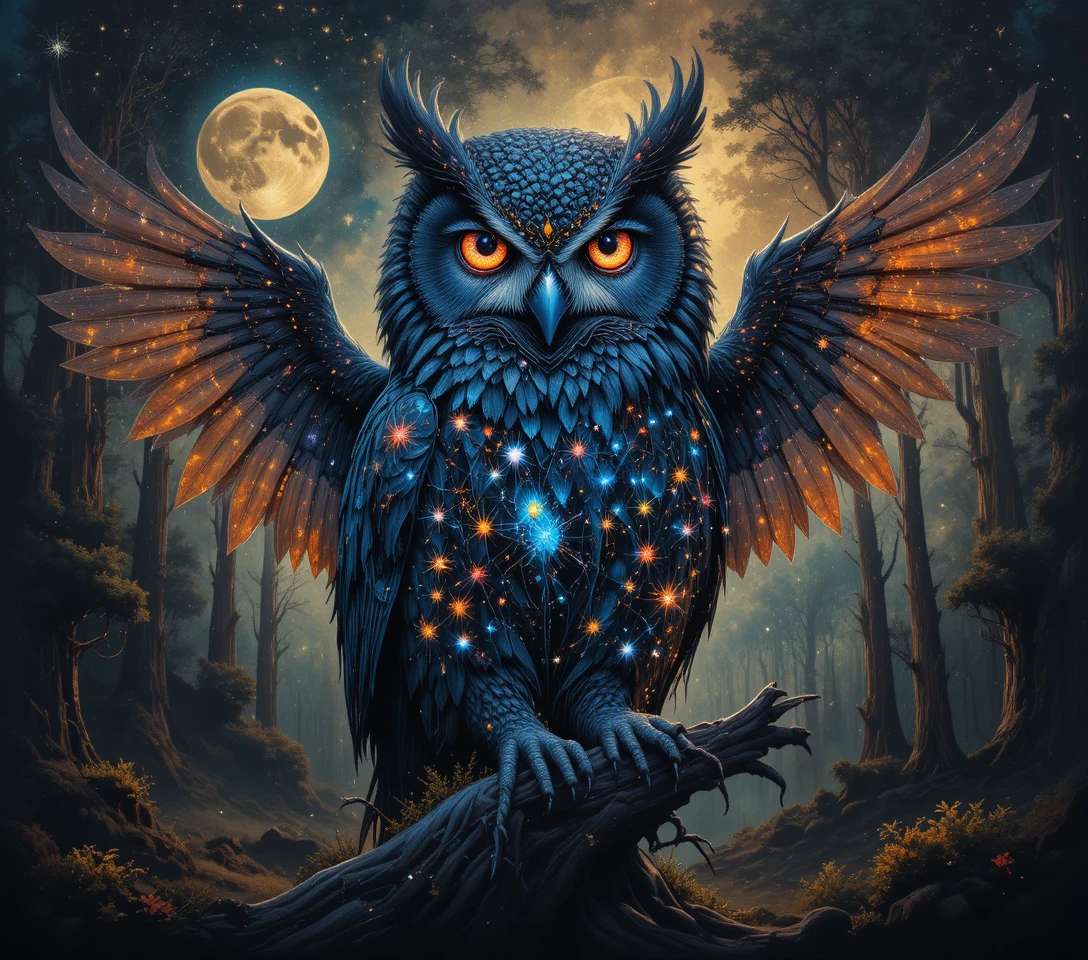 Cosmic indigo owl glowing in a mystical forest night