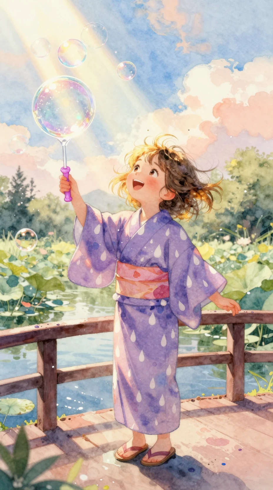 Joyful girl on a bridge blowing shimmering soap bubbles