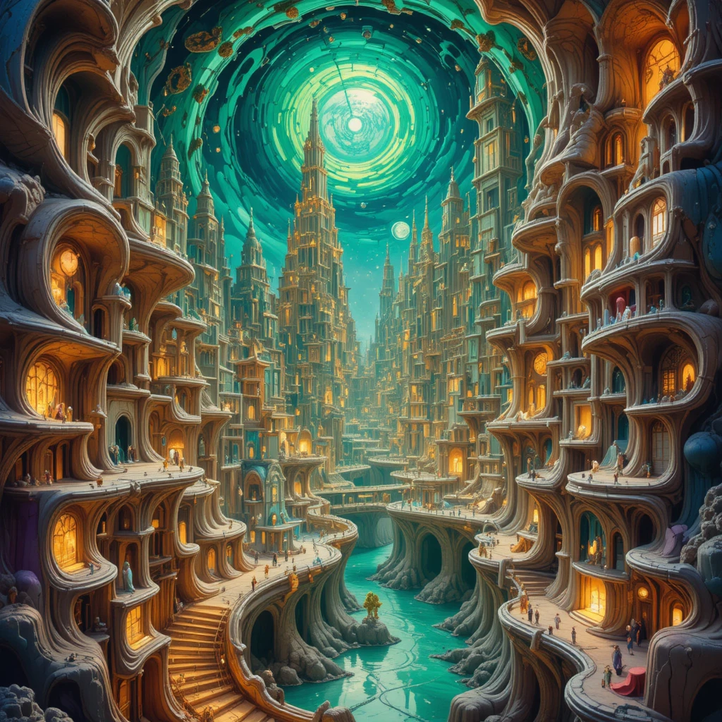 Surreal emerald and gold cityscape of living organic architecture