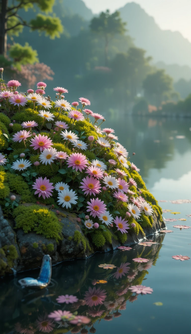 Glowing flowers on mossy amber rock reflected in lake