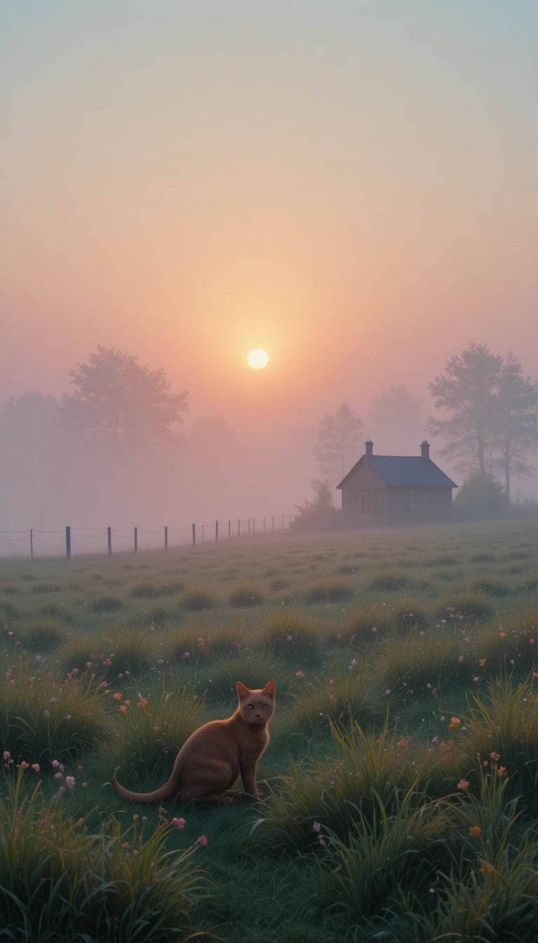 Reddish brown cat in misty pastel sunrise field