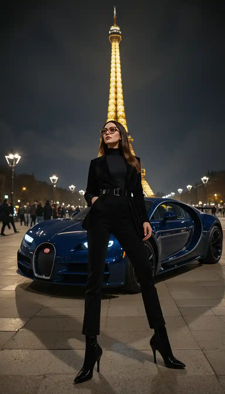 Confident woman posing by sports car at Eiffel Tower