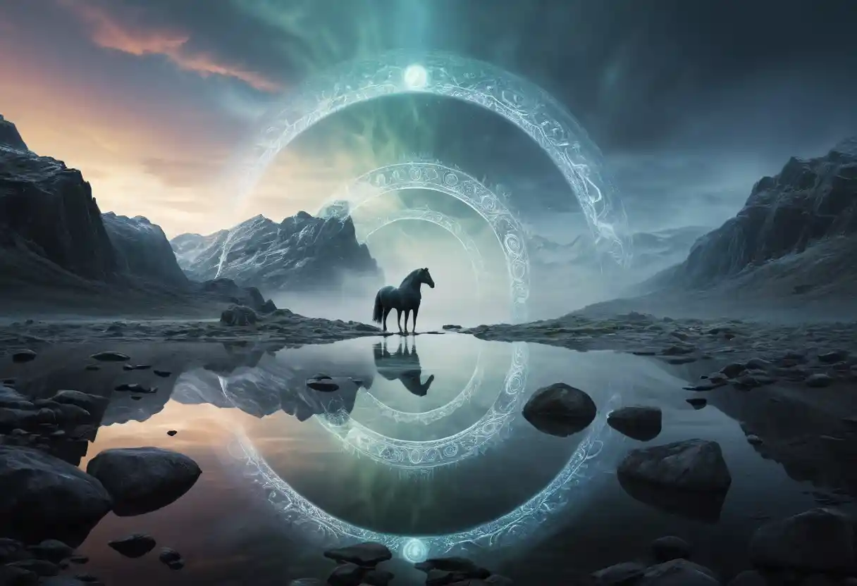 Surreal nordic vision with shadow figure and spectral horse