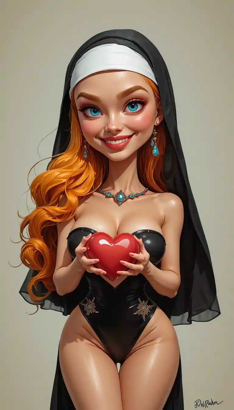 Smiling glamorous woman in sexy nun costume on neutral background