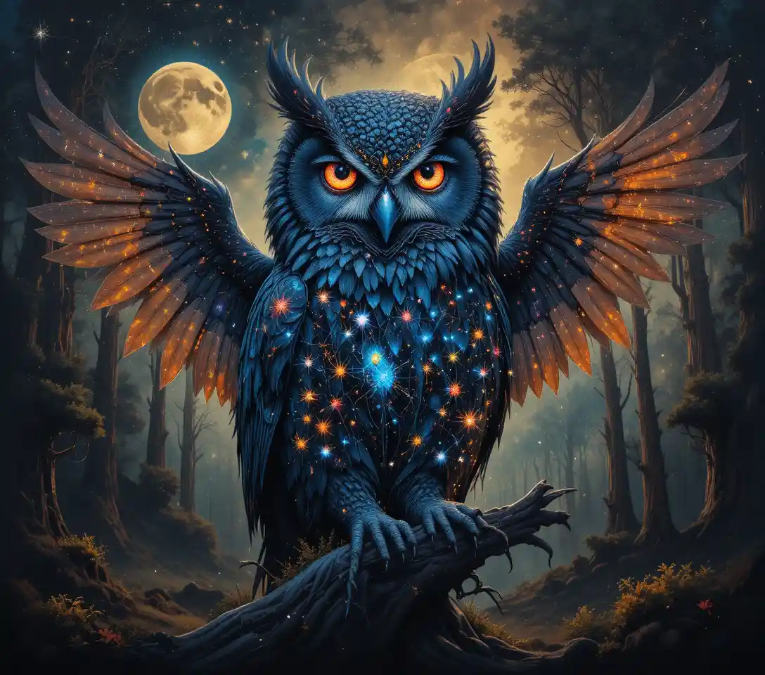 Cosmic indigo owl glowing in a mystical forest night