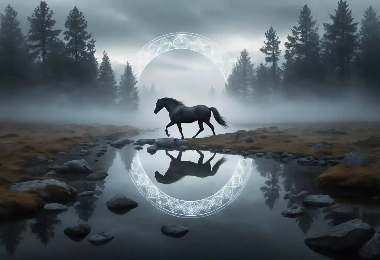 Surreal nordic vision with shadow god and luminous horse