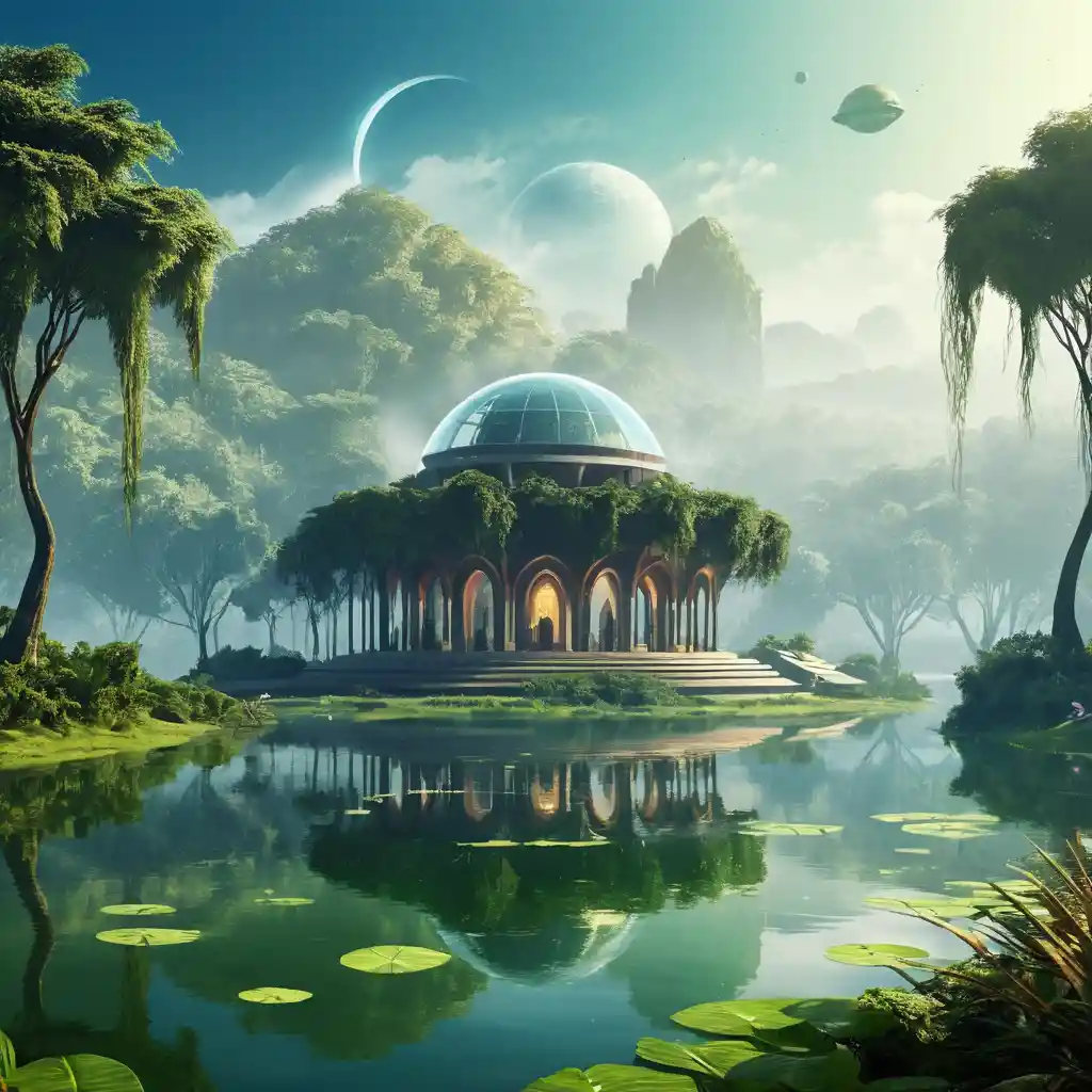 Serene rural lake surrounded by lush green landscape