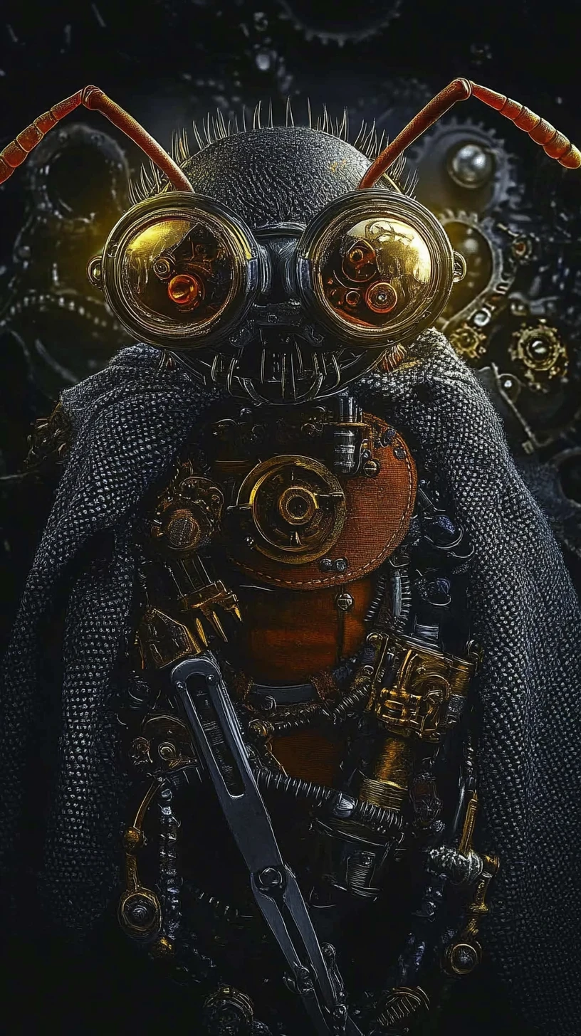 Steampunk ant with goggles and tools standing resolute