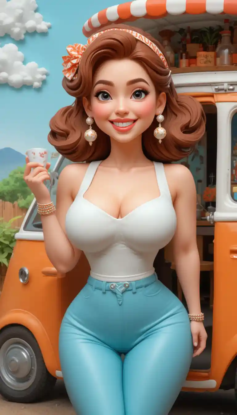 Cheerful curvy woman with orange van clay illustration