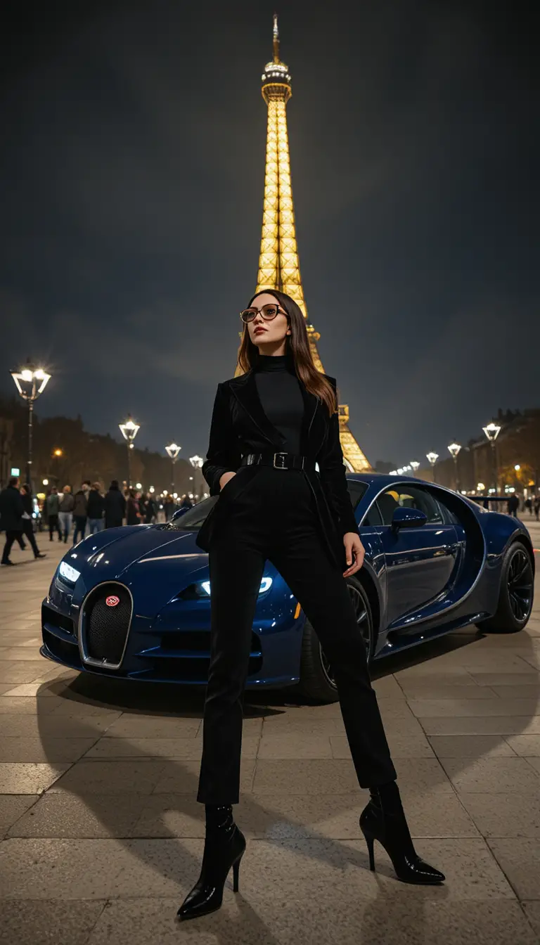 Confident woman posing by sports car at Eiffel Tower