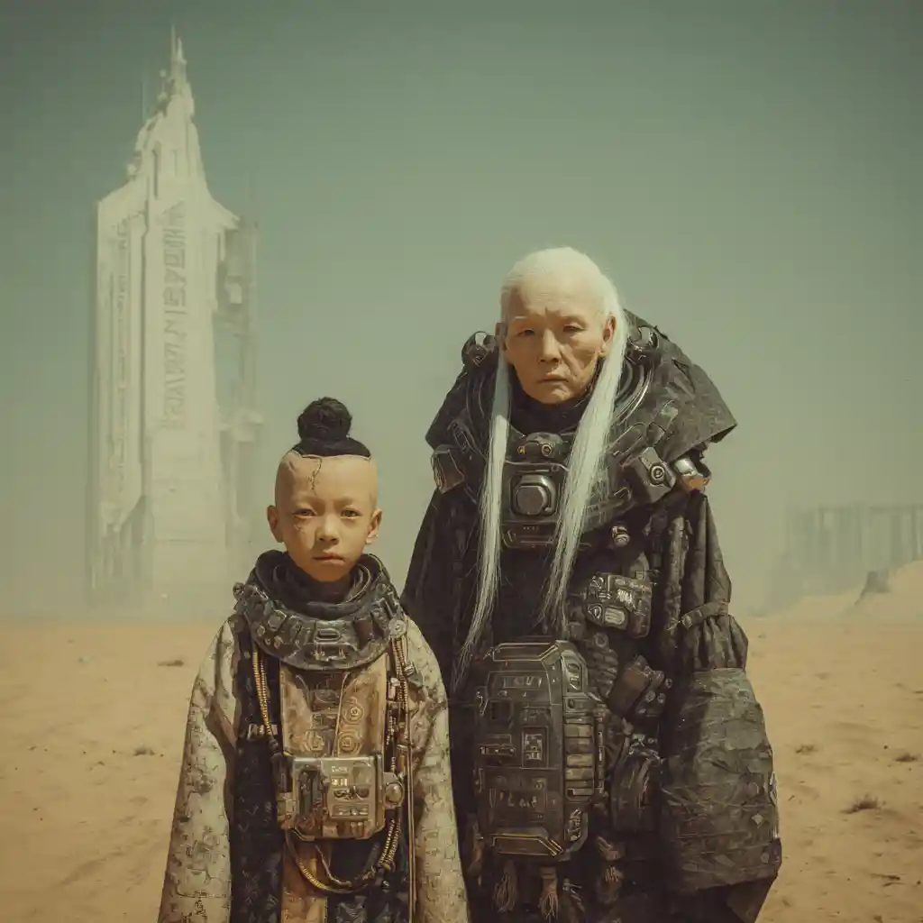 Asian girl in a futuristic ghost shelter on distant dunes