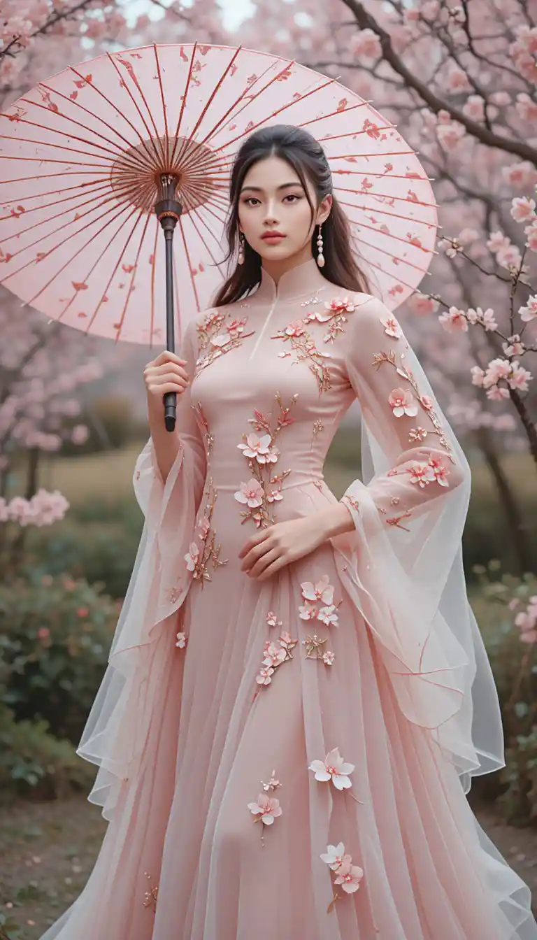Elegant woman in couture gown under cherry blossom umbrella