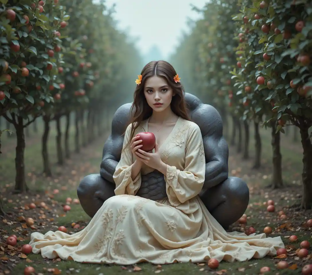 Woman in cream ball gown with demon in apple orchard