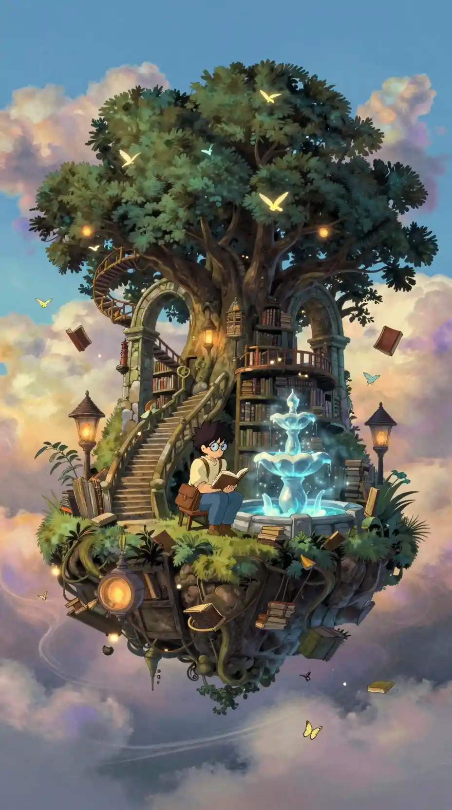 Floating Library Island With Young Scholar At Twilight Sky