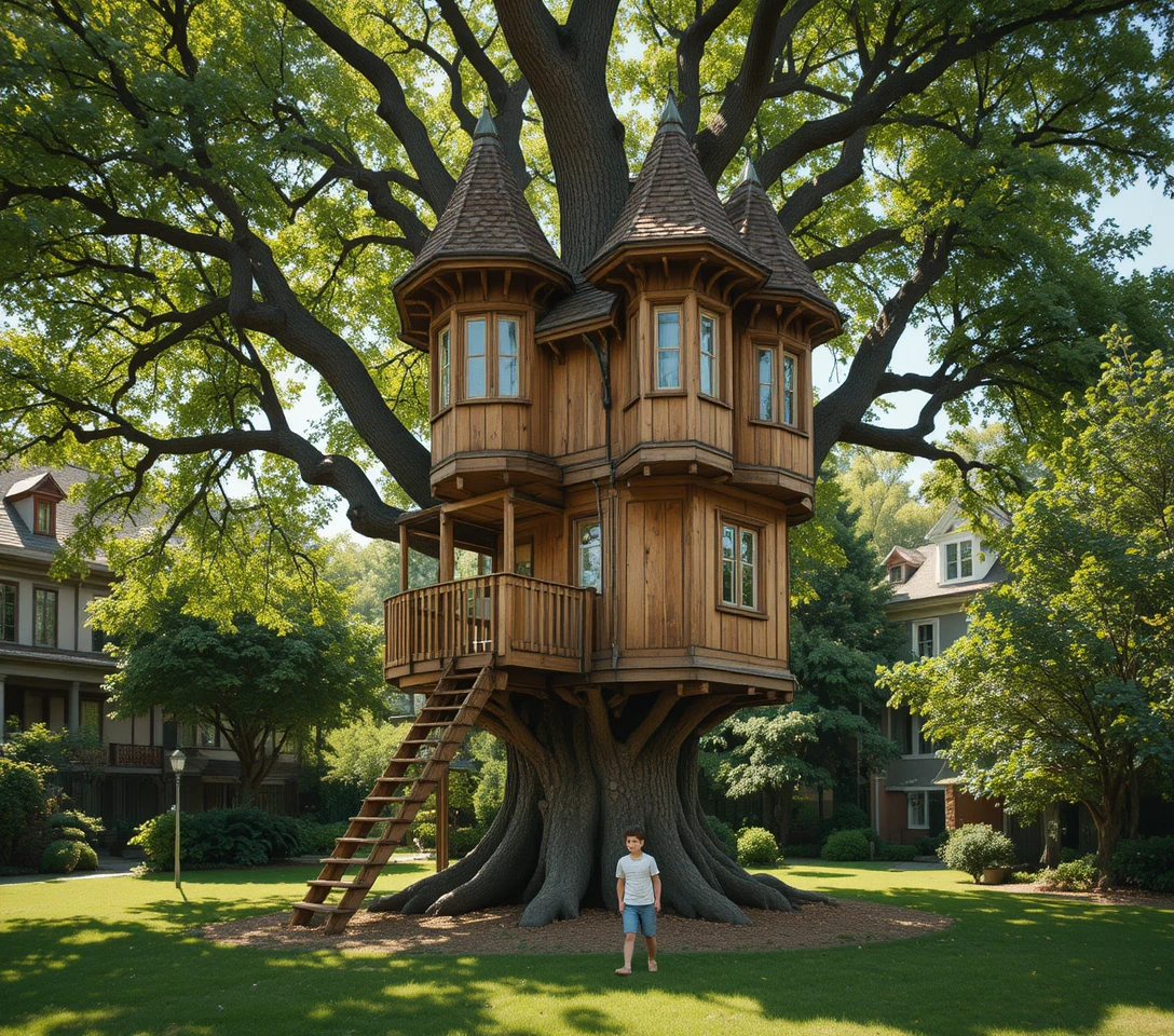 Wooden treehouse with castle like towers in a sunny garden