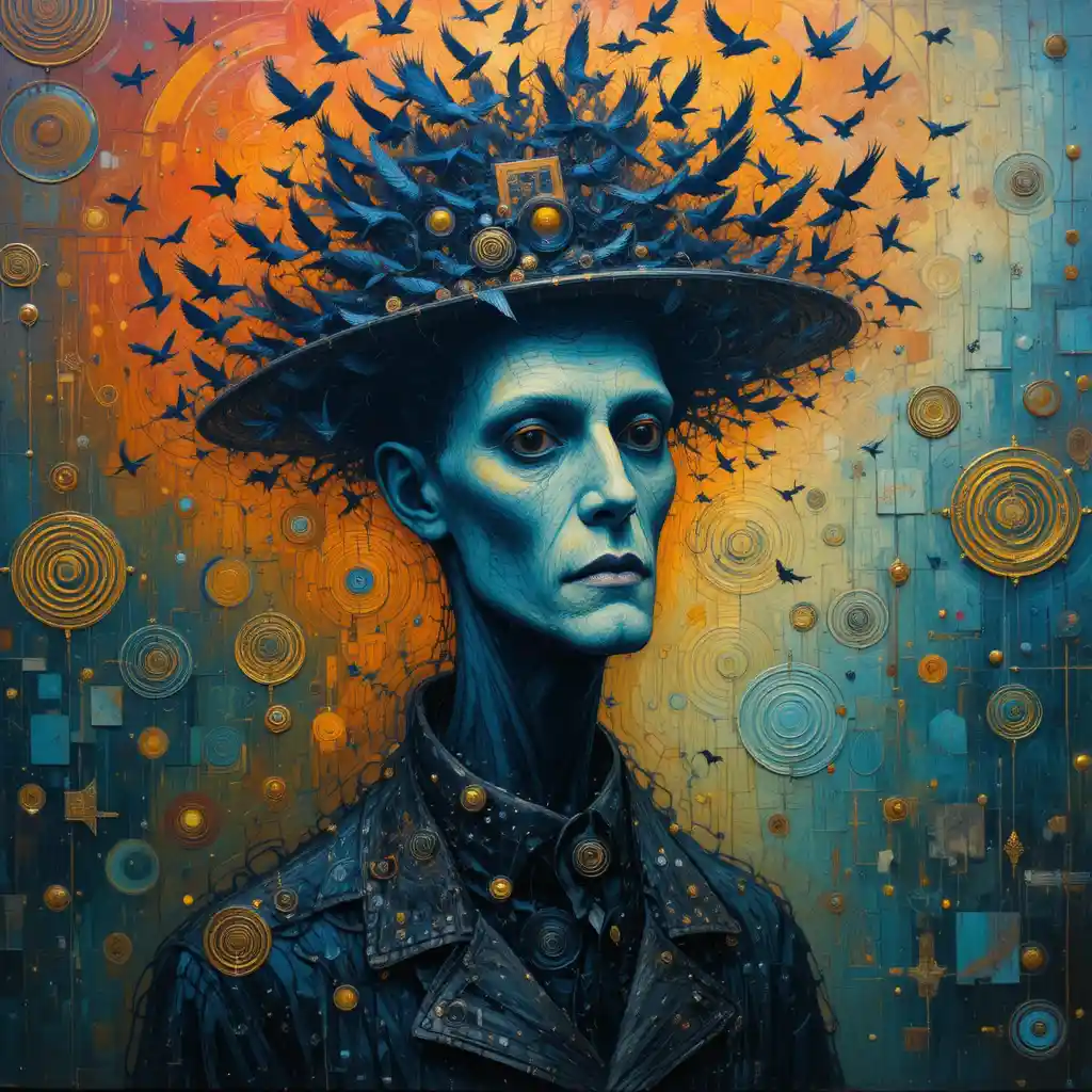 Ghostly male portrait swirling with abstract spirals